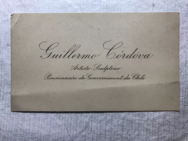 Tarjeta de visita de Guillermo Córdova. Artiste Sculpteur. Pensionnaire du gouvernement du Chili
