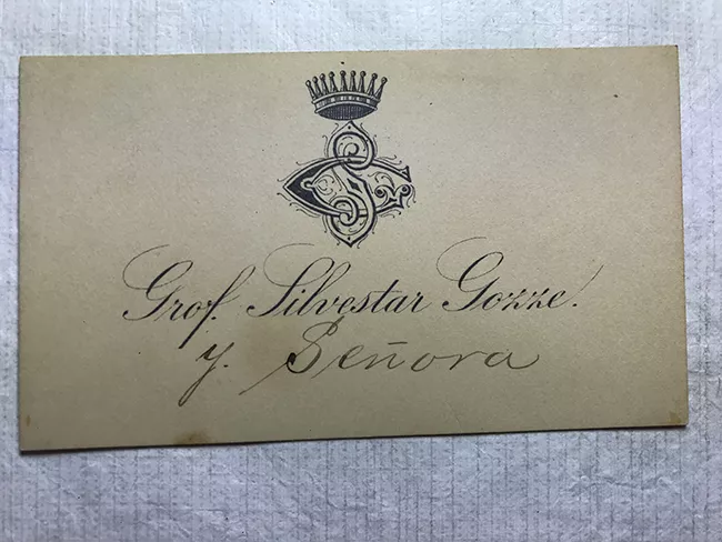 Tarjeta de visita con felicitaciones  de Grof. Silvestar Gozze y Sra