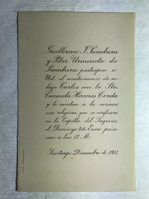 Parte matrimonio de Carlos Swinburn y Carmela Herreros Cerda