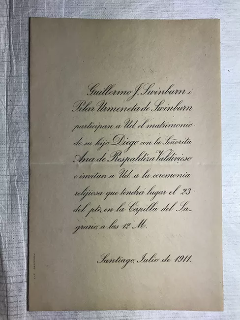 Parte de Matrimonio Diego Swinburn y Ana Respaldiza Valdivieso