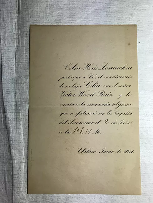 Parte de matrimonio de Celia Larraechea y Victor Wood Ruiz