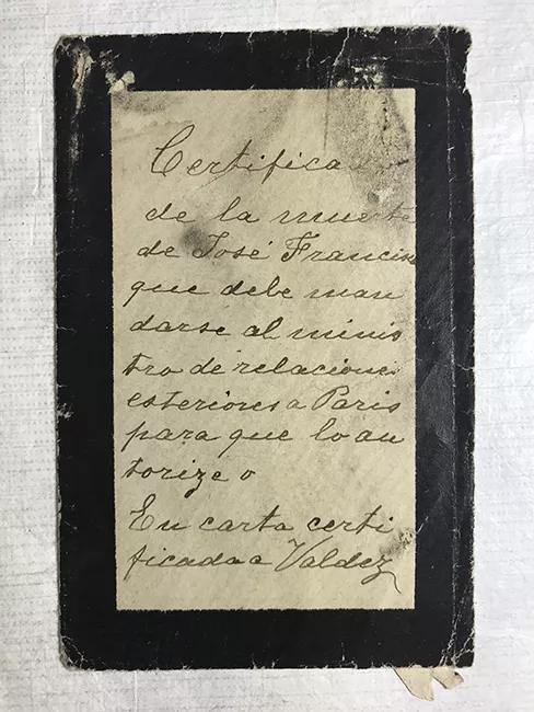 Certificado de la  muerte de José Francisco para entregar al Ministerio de RR.EE en París