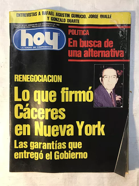 Revista HOY año VII n°315. 3 agosto-9 agosto 1983. Lo que firmó Cáceres en New York 