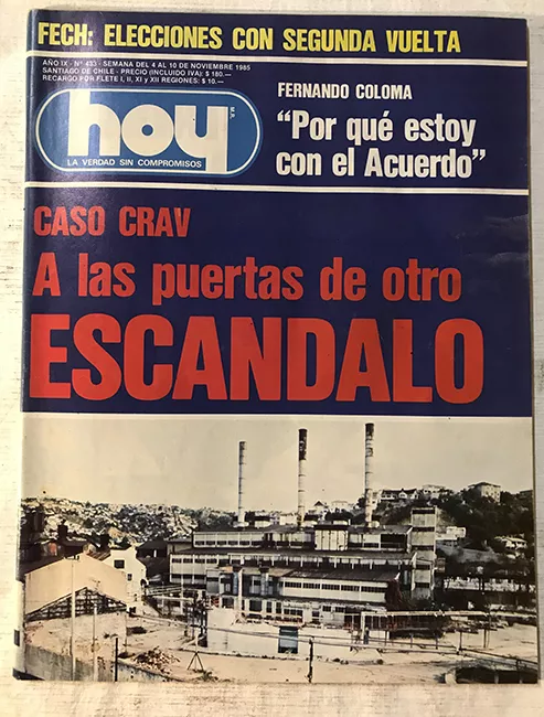 Revista HOY año IX n°433. 4 noviembre-10 noviembre 1985. Caso CRAV a las puertas de otro escándalo
