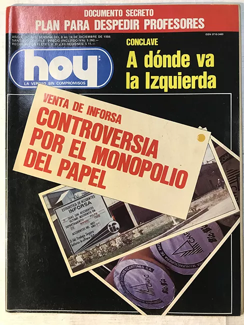 Revista HOY año X n°490. 8 diciembre-14 diciembre 1986. Controversia por el monopolio del papel