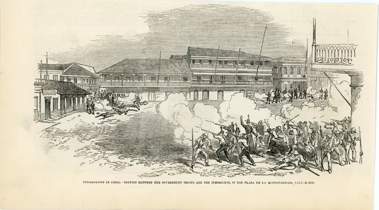 Insurrection in Chili. Contest Between the Government Troops and the Insurgents, in the Plaza de la Municipalidad, Valparaiso