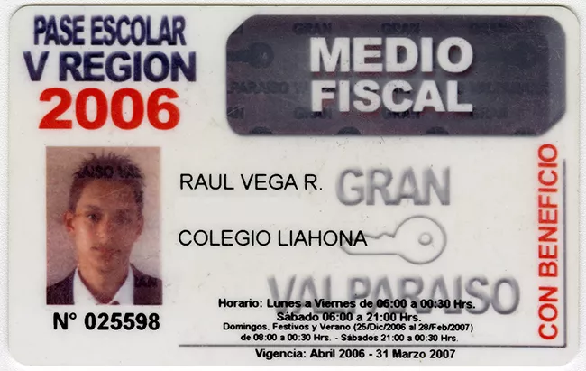 Pase escolar V región 2006 perteneciente a Raúl Vega