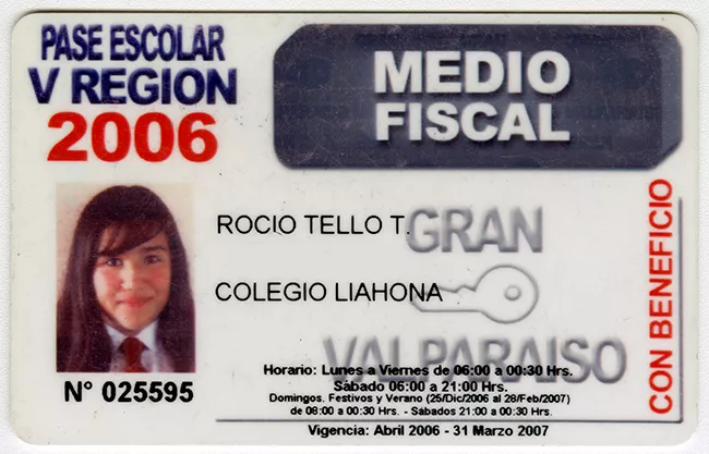 Pase escolar V región 2006 perteneciente a Rocio Tello
