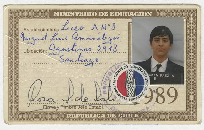 Pase escolar 1989 perteneciente a Benjamín Páez
