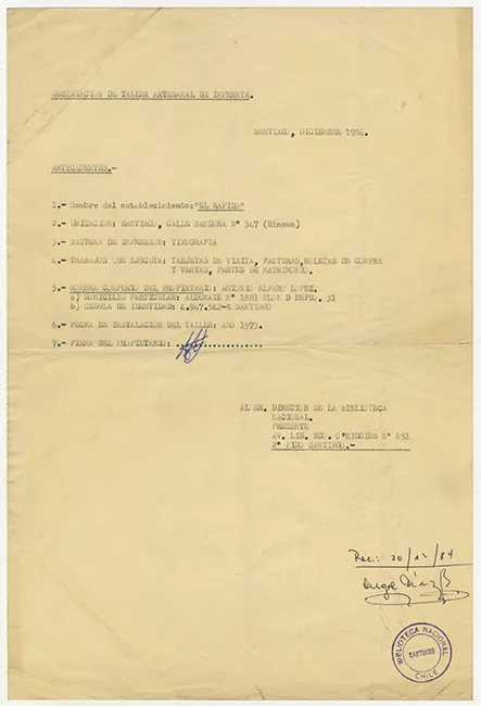 Declaración de Taller Artesanal de Imprenta al Director de la Biblioteca Nacional