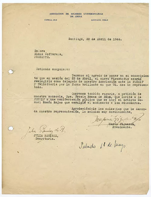 Carta de Asociación de Mujeres Universitarias de Chile a Elena Caffarena