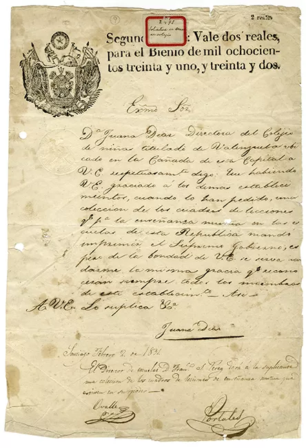 Escrito de Juana Díaz, firmado por José Tomás Ovalle (Vicepresidente de la República) y Diego Portales (Ministro).