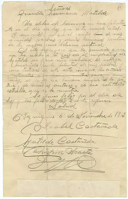 Carta de Isabel Castañeda a Matilde Castañeda