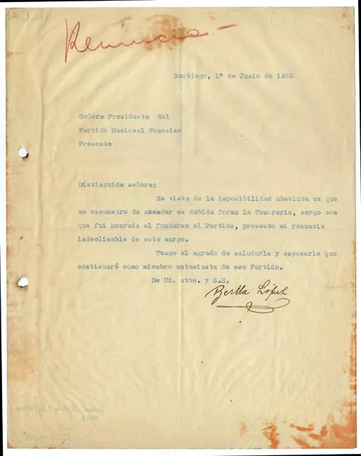 Carta de Bertha López a la presidenta del Partido Nacional Femenino