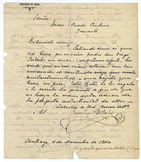 Carta de Rosalía Portales a Juan Prado Puelma