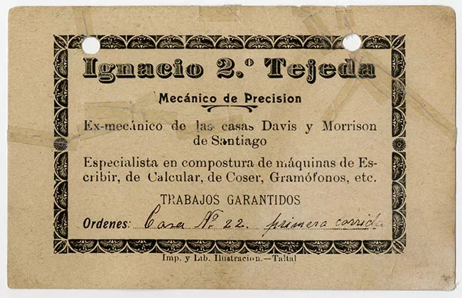 Tarjeta Ignacio 2° Tejeda, mecanico de presicion 