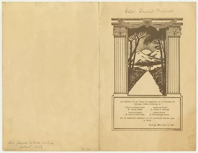 Menú de comida ofrecida por los Oficiales de las Tropas de Ingenieros de la Provincia de Santiago, en homenaje  al General Carlos Ibáñez (Ministro de Guerra), Generales de división  Pedro P. Dartnell y Juan E. Ortiz Vega, y el Teniente General Marmaduque 