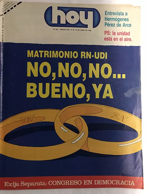 Revista HOY año XII n°621. 12 junio 1989-18 junio 1989. Matrimonio RN-UDI