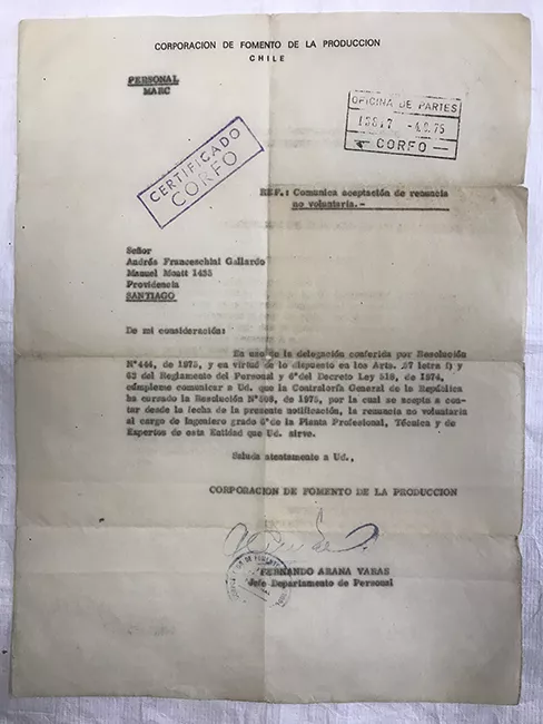 Certificado CORFO. Aceptación de renuncia no voluntaria, Señor Andrés Franceschini Gallardo