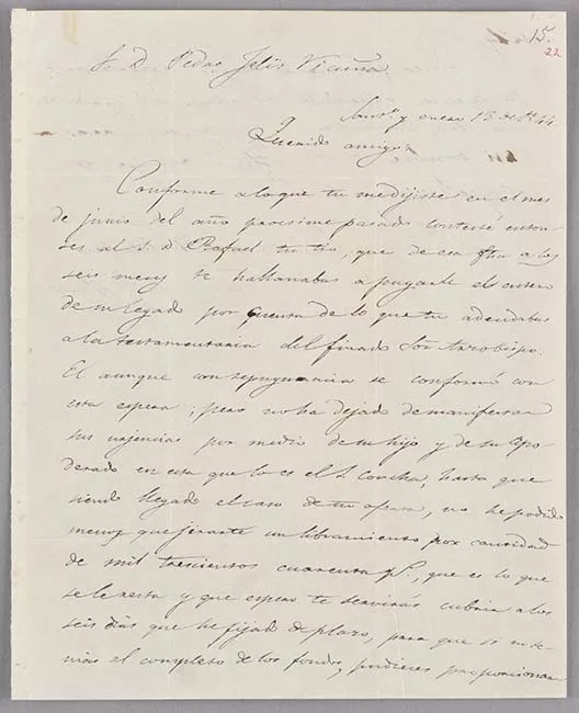 Carta de Rafael Valdivieso a Pedro Félix Vicuña 