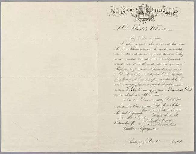 Carta de Sociedad Filarmónica a Pedro Félix Vicuña 