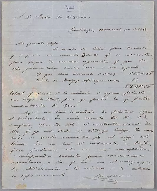 Carta de Benjamín Vicuña Mackenna a Pedro Félix Vicuña