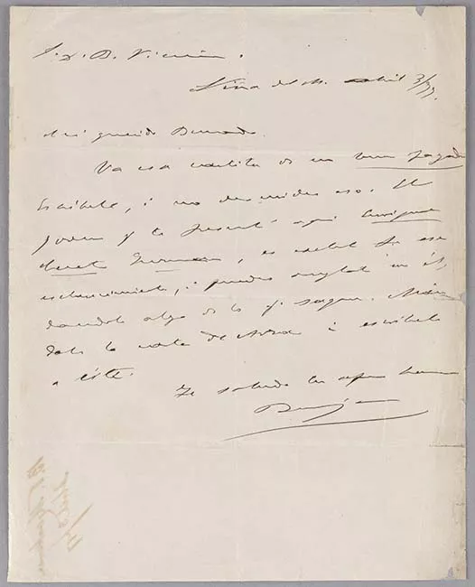 Carta de Benjamín Vicuña Mackenna a Bernardo Vicuña
