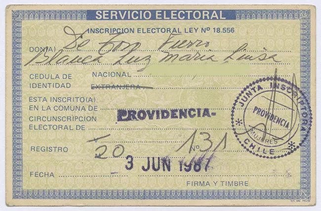 Tarjeta de Inscripción Electoral de Blanca Luz María Luisa De Toro Fierro