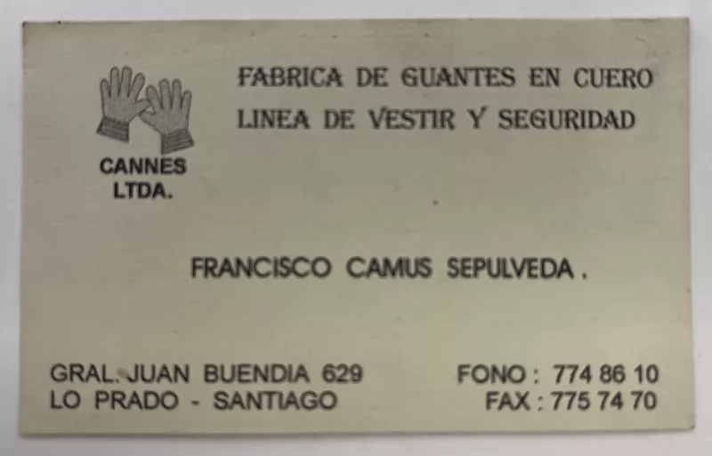 Tarjeta de Francisco Camus Sepúlveda. Fábrica de guante en cuero.