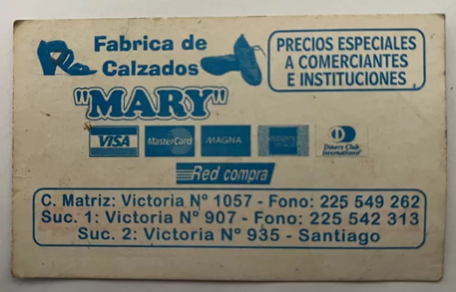 Tarjeta Fábrica de Calzados Mary