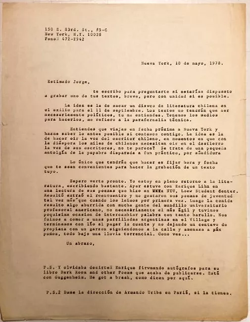 Copia de carta de Claudio Giaconi dirigida a Jorge Teillier, para realizar un disco de literatura chilena.