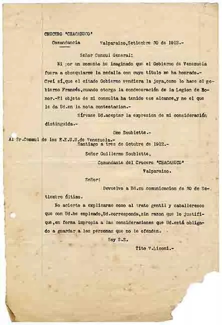 Transcripción de tres correspondencias entre Tito V. Lisoni y Guillermo Soublette, Comandante del Crucero Chacabuco