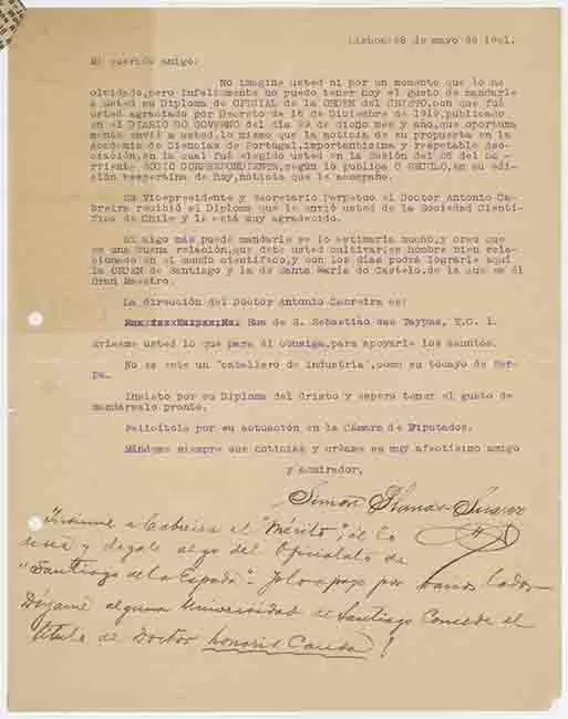 Carta a Tito V. Lisoni sobre su diploma de la Orden de Cristo y nota en diaro sobre el tema