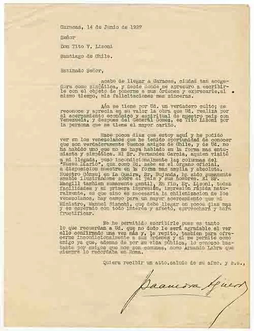 Carta a Tito V. Lisoni felicitándolo por su labor como cónsul de Venezuela