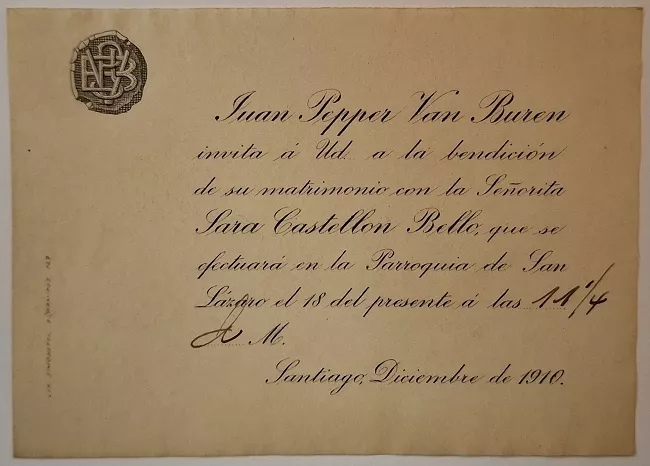 Parte matrimonio de Juan Pepper Van Buren y Sara Castellon Bello