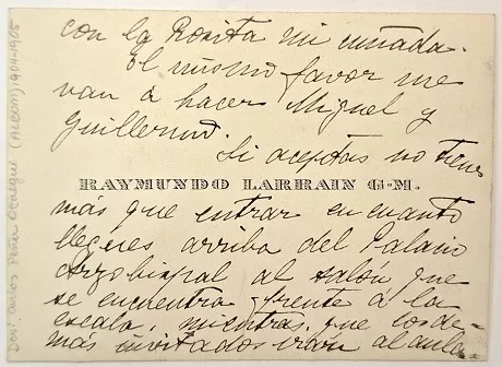 Tarjeta de visita de Raymundo Larrain G. M. con mensaje 