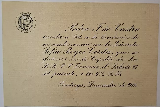 Parte de matrimonio de Pedro F. de Castro y Sofía Reyes Cerda