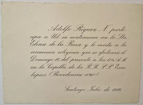 Parte de matrimonio de Adolfo Ríquez N. y Elena de la Presa