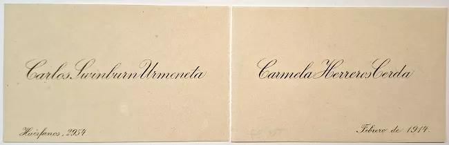 Tarjeta de visita de Carlos Swinburn Urmeneta y Carmela Herreros Cerda