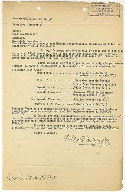 Documento dirigido a Graciela Mandujano de parte de Hilda B. de González desde la ciudad de Corral