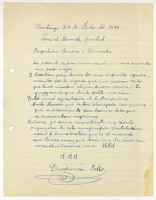 Carta dirigida a la organización MEMCH Central, escrita por Eugenia Tello