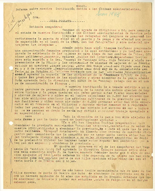 Carta dirigida a Olga Poblete, secretaria MEMCH, escrita por Clara Condori, secretaria regional del MEMCH Iquique.