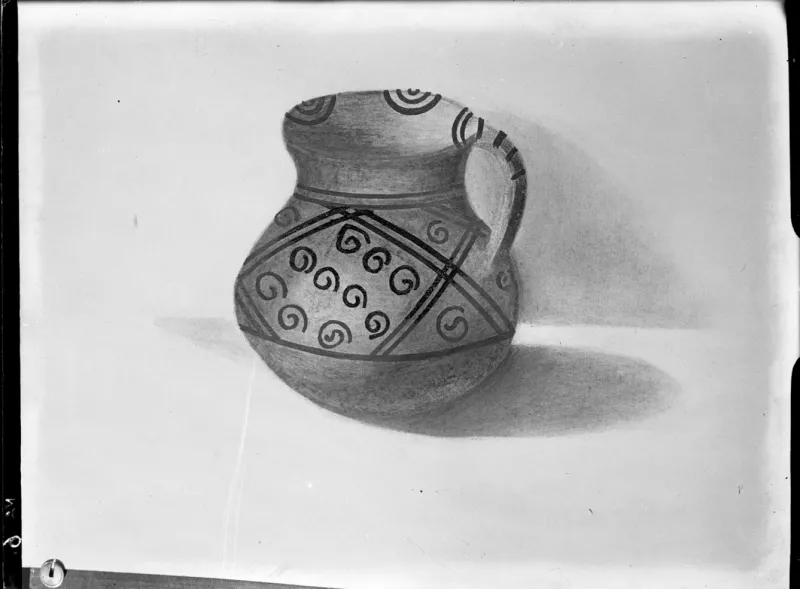 Dibujo de jarro con un asa y volutas circulares