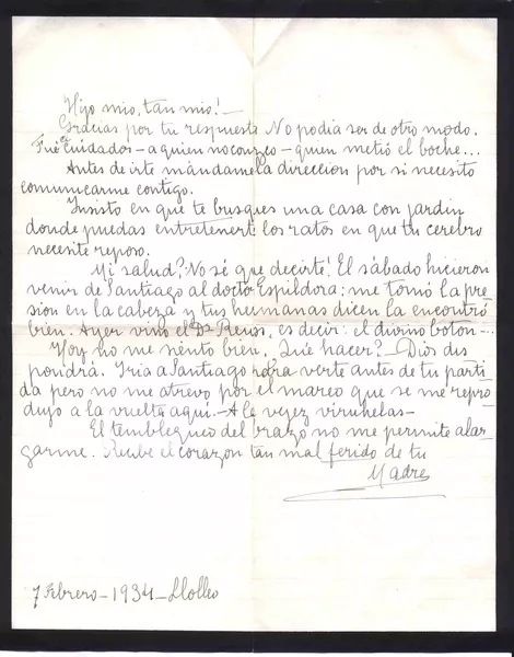 Llolleo, Chile [a] Vicente Huidobro, Santiago [manuscrito] María Luisa Fernández.