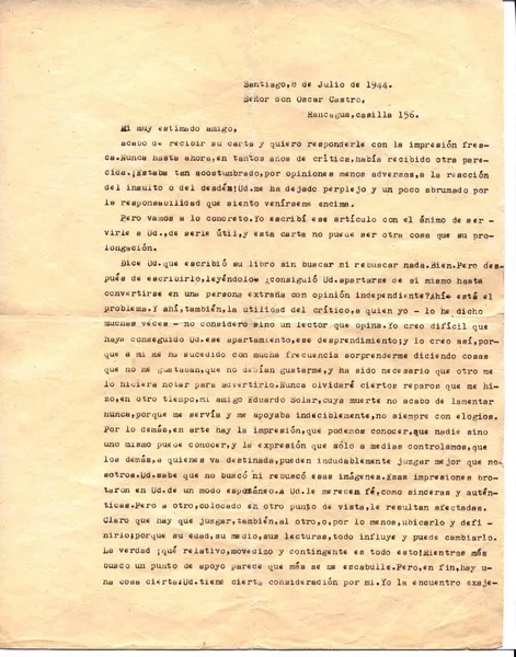 Santiago, Chile [a] Oscar Castro [manuscrito] Hernán Díaz Arrieta.