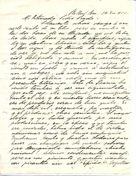 [Carta] 1915 ene. 14, Eten, Perú [a] Pedro Prado  [manuscrito] Augusto D'Halmar.
