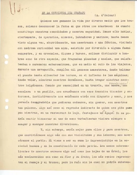 [En la contienda del trabajo...] [artículo] : [manuscrito] Augusto D'Halmar.