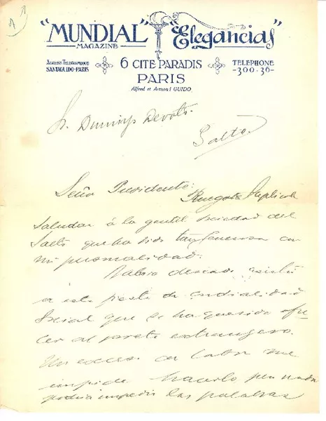 [Carta] 1900, Paris, Francia [a] Domingo Devoto  [manuscrito] Rubén Darío.