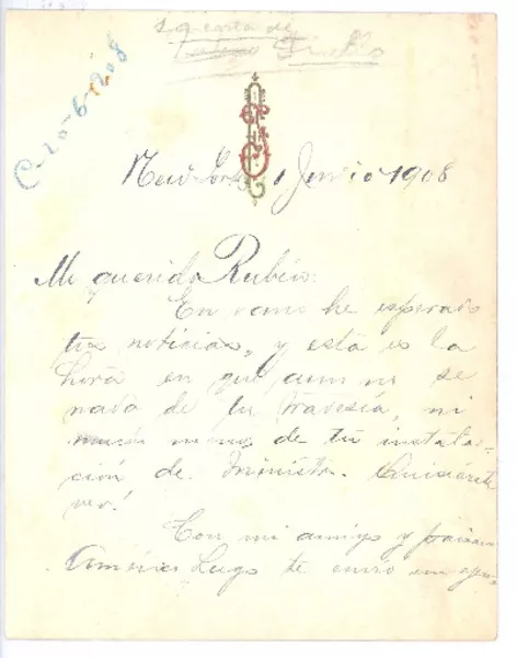[Carta] 1908 julio 1, New York [a] Rubén Darío  [manuscrito] Fabio Fiallo.