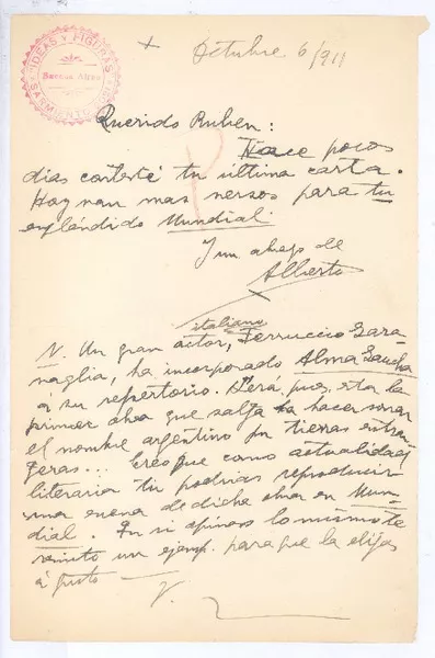 [Carta] 1911 octubre 6, Buenos Aires, Argentina [a] Rubén Darío  [manuscrito] Alberto Ghiraldo.